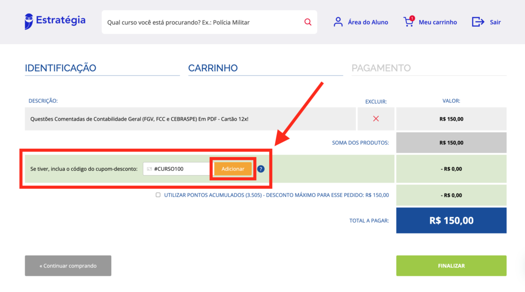 Tela de compra de curso de questões de contabilidade do Estratégia Concursos. 