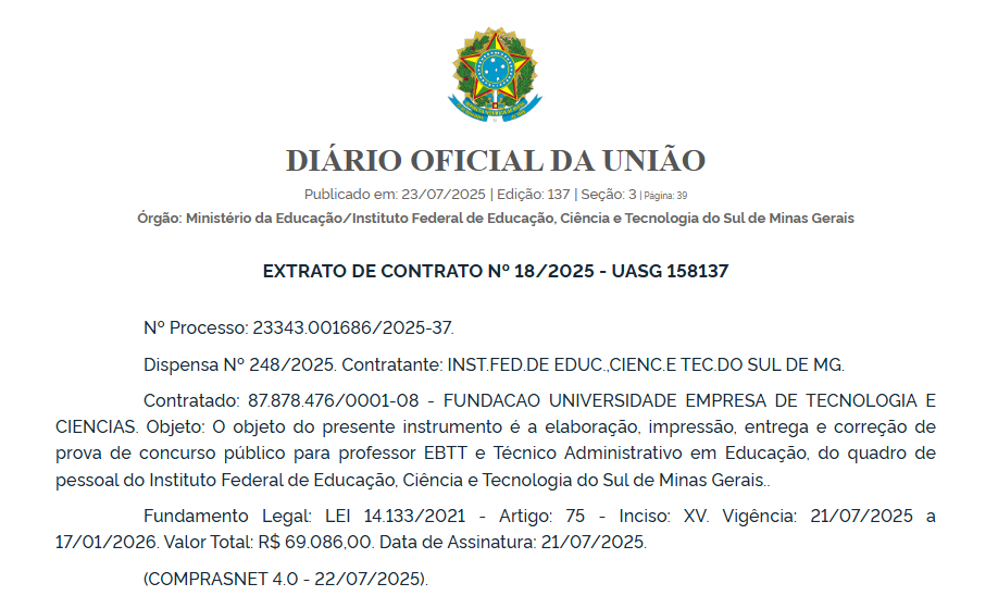 Extrato de contrato com a banca divulgado