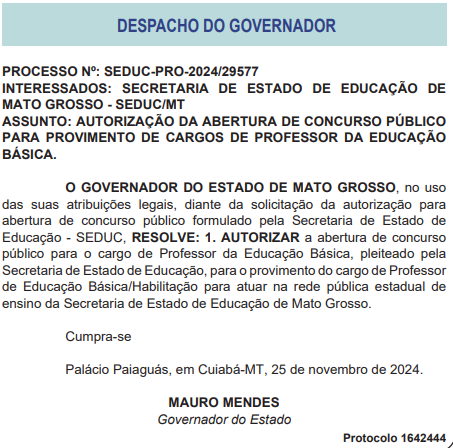 Autorização de novo concurso pelo Governador do estado de MT