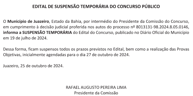 Edital ISS Juazeiro é temporariamente suspenso