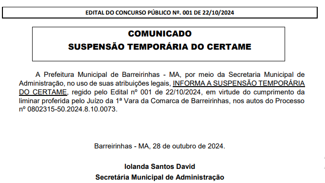 Comunicada de suspensão temporária do certame