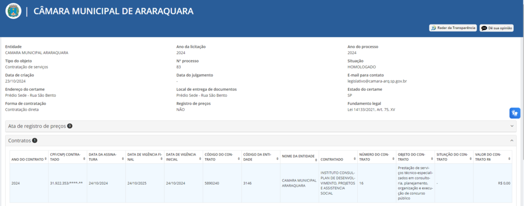  Instituto Consulplan é a banca do concurso Câmara de Araraquara