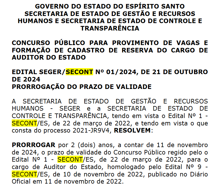 Concurso Secont ES é prorrogado até novembro de 2026!