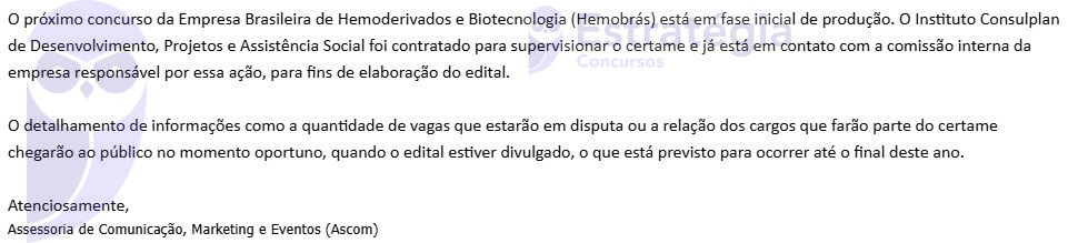 Concurso Hemobrás até dezembro; Edital em elaboração!