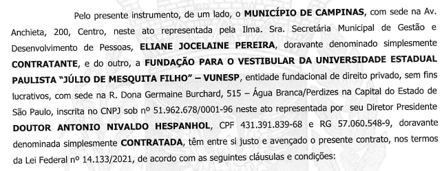 Contrato com a banca Vunesp já assinado