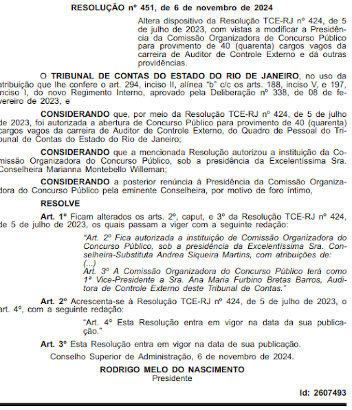 Presidência da comissão do concurso TCE RJ é alterada