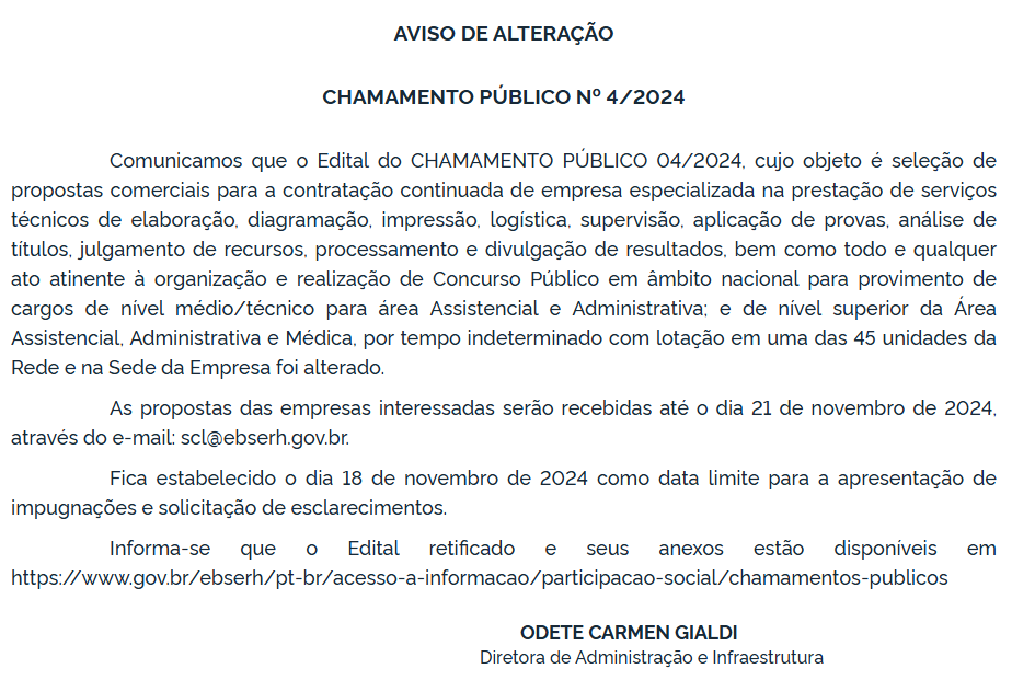 Chamamento para contratação da banca do concurso EBSERH