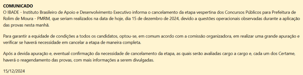 Comunicado sobre aplicação das provas