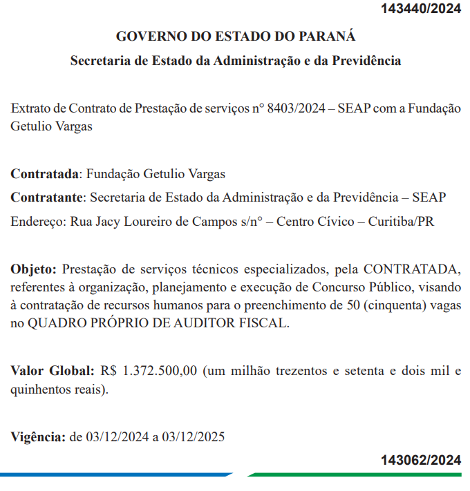 Concurso Sefaz PR - Extrato de contrato