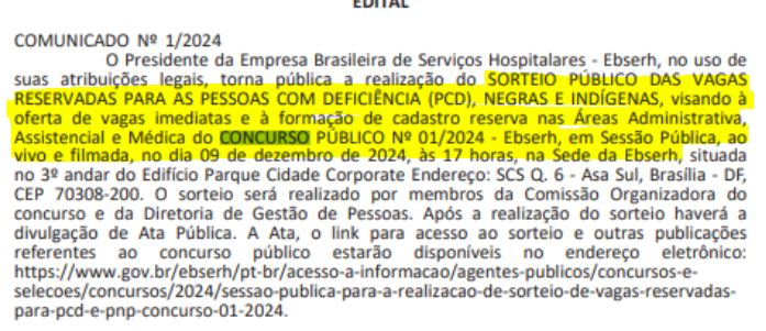 Sorteio das vagas reservas do concurso EBSERH no dia 9 de dezembro