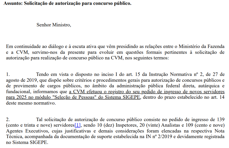 Concurso Comissão de Valores Mobiliários é solicitado