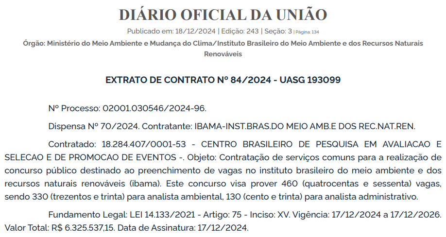 Concurso IBAMA: Cebraspe é contratado como banca