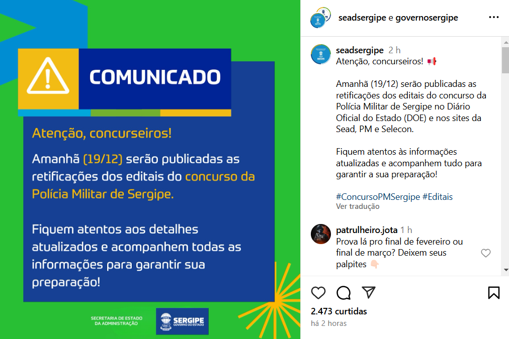 SEAD anuncia republicação dos editais do concurso PM SE amanhã (19)