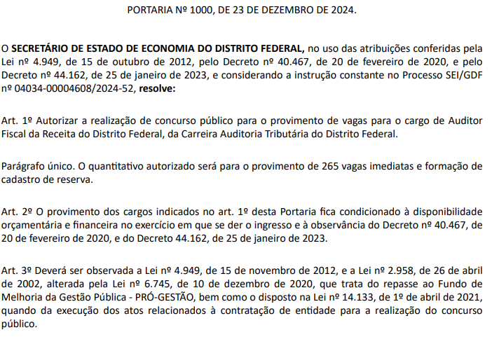 Concurso Sefaz DF: AUTORIZADO com 265 VAGAS!