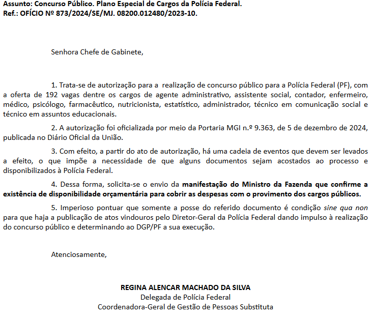 Ofício questiona orçamento para realização de concurso PF Administrativo