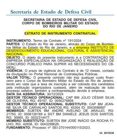 Extrato de contrato do IDECAN para banca do concurso para o cargo de Soldado dos Bombeiros RJ