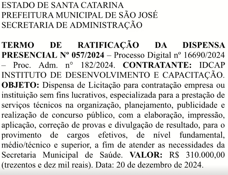 Termo que confirma a empresa IDCAP como banca do concurso SMS São José