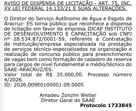 dispensa de licitação do concurso saae aracruz es