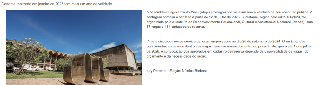 Validade do concurso ALEPI é prorrogada