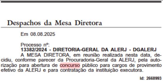 Autorização do novo concurso ALERJ