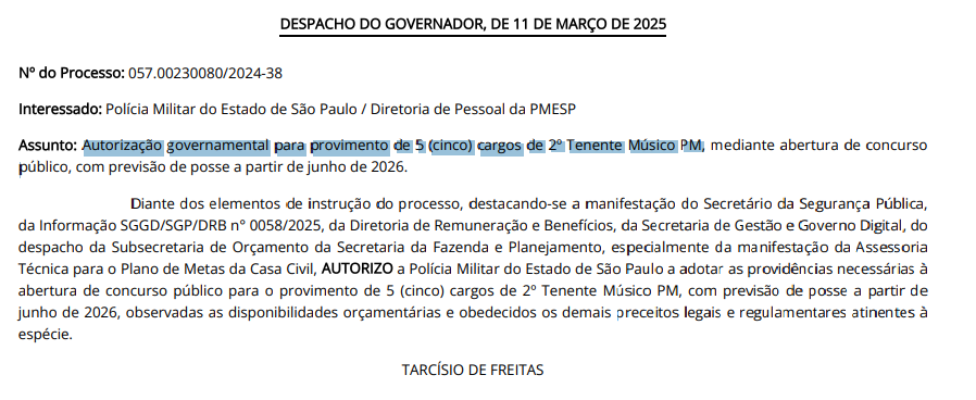 Autorização do concurso PMSP para o cargo de 2º Tenente Músico
