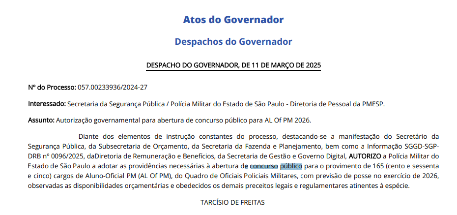 Autorização do concurso PMSP para o cargo de Aluno-Oficial
