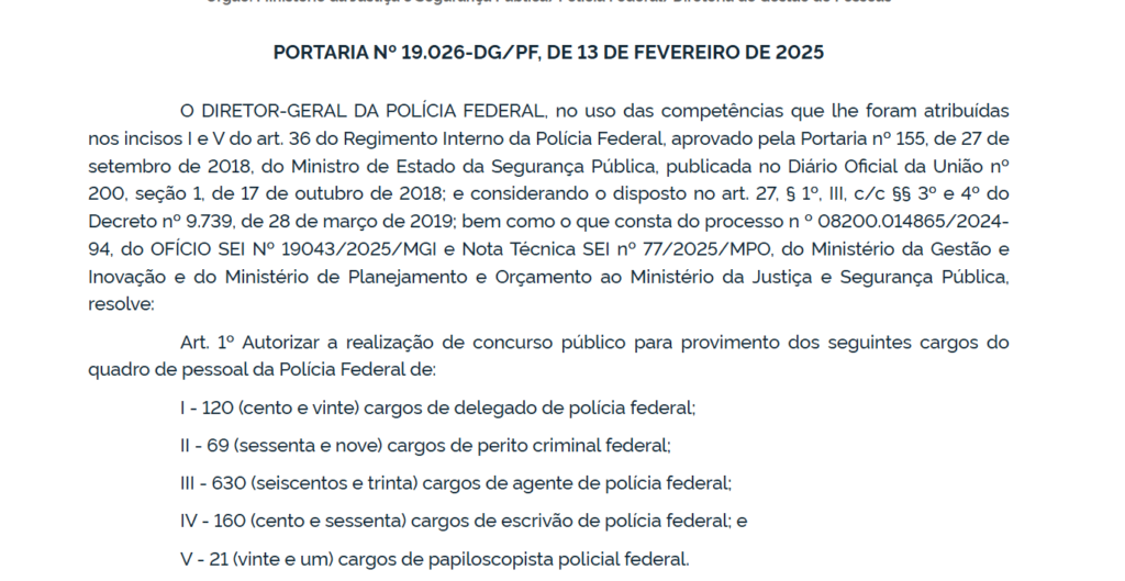 Portaria de autorização do Concurso PF 2025 com mil vagas