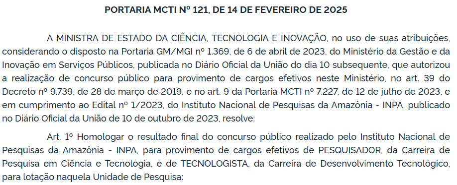Veja a homologação do resultado final do concurso INPA