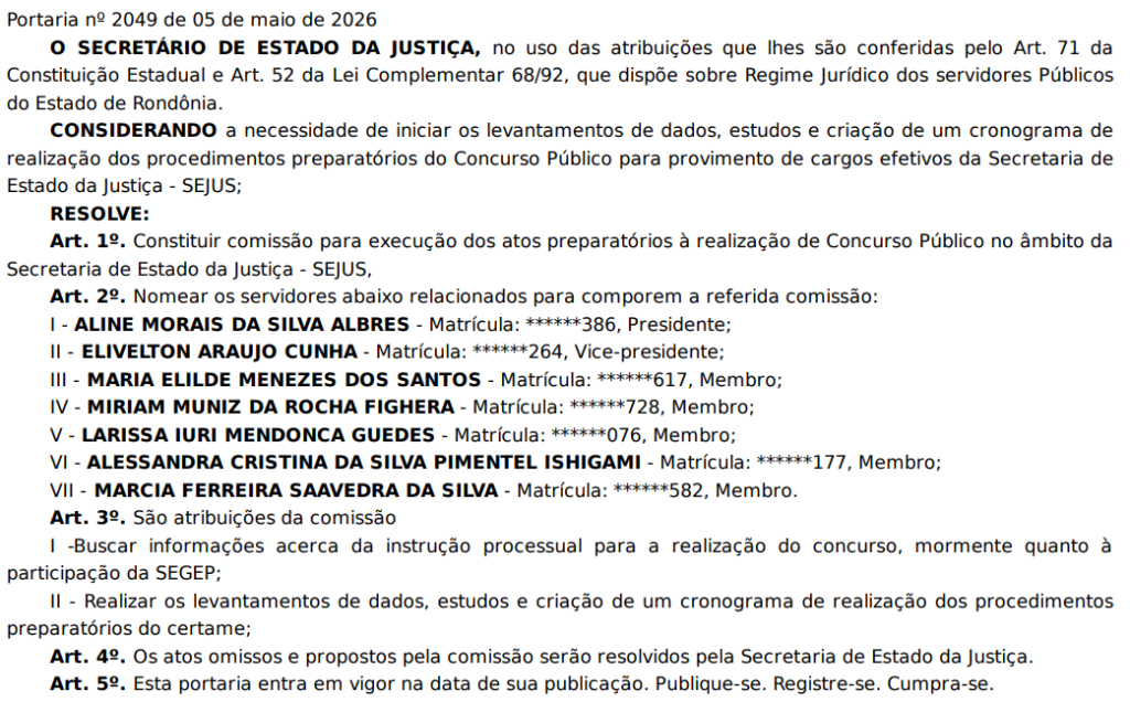 Nova comissão do concurso SEJUS RO