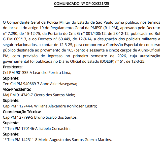 Comissão do concurso PM SP 2025 para Aluno Oficial