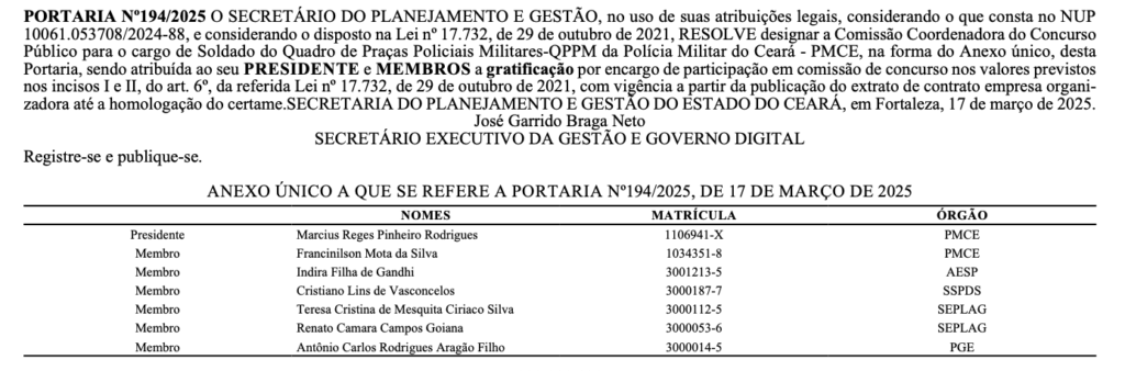 Concurso PM CE tem comissão formada