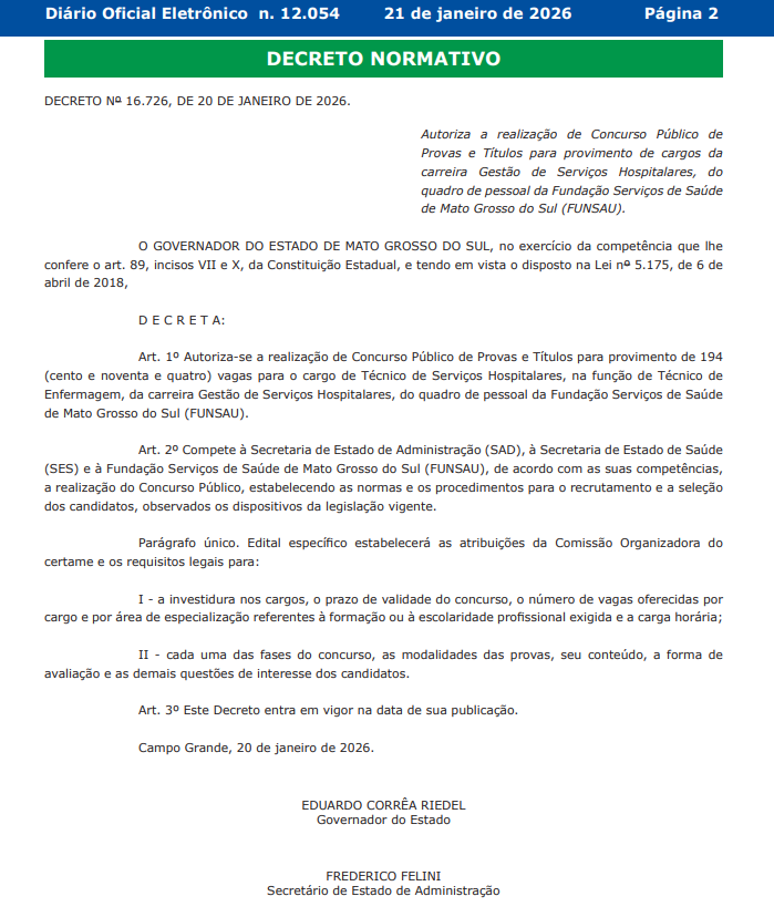 Autorização do novo concurso FUNSAU MS