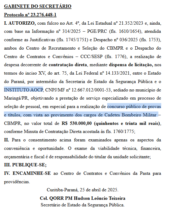 Instituto AOCP é a banca do novo concurso Bombeiro PR Cadete