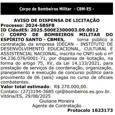 Idecan é a banca do concurso CBM ES