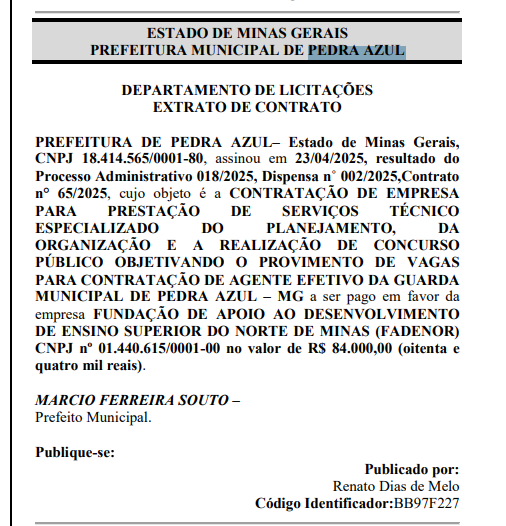 Fadenor será a banca do próximo concurso GCM Pedra Azul