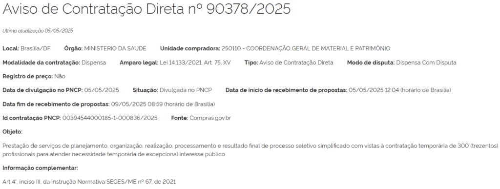 Aviso de contratação da banca confirma o recebimento de propostas até 09 de maio
