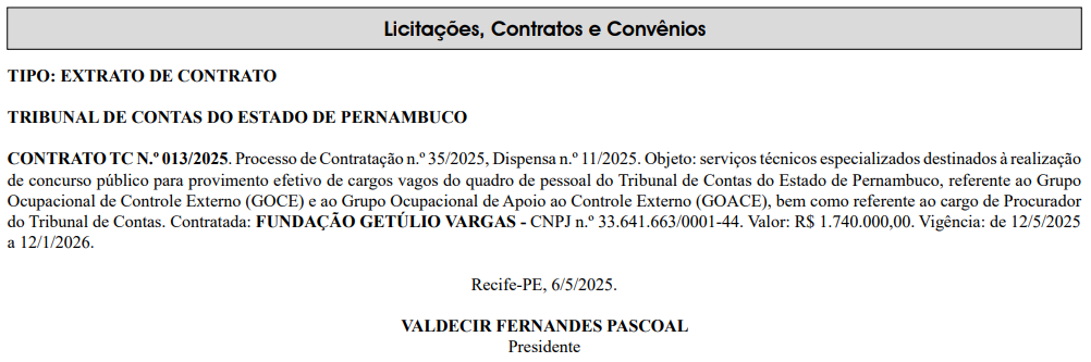 concurso tce pe banca contratada
