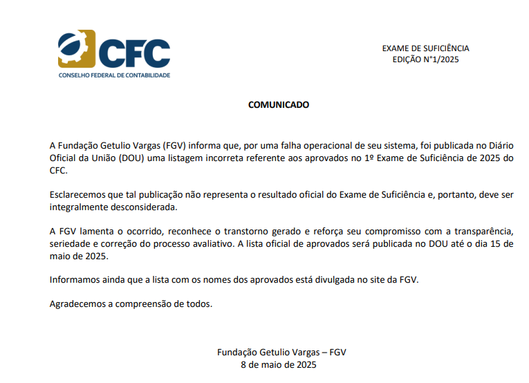 FGV publica o resultado final do Exame CFC 2025; veja!