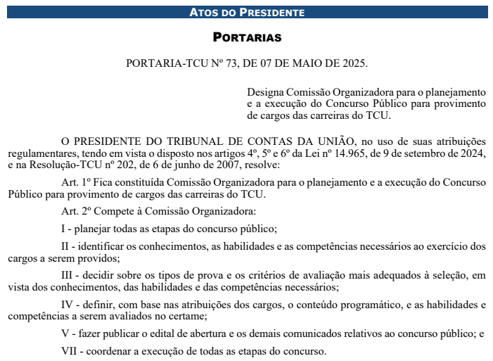 Concurso TCU: comissão formada para 60 vagas; até R$ 26 mil