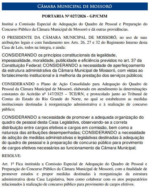 Comissão formada para o concurso Câmara de Mossoró