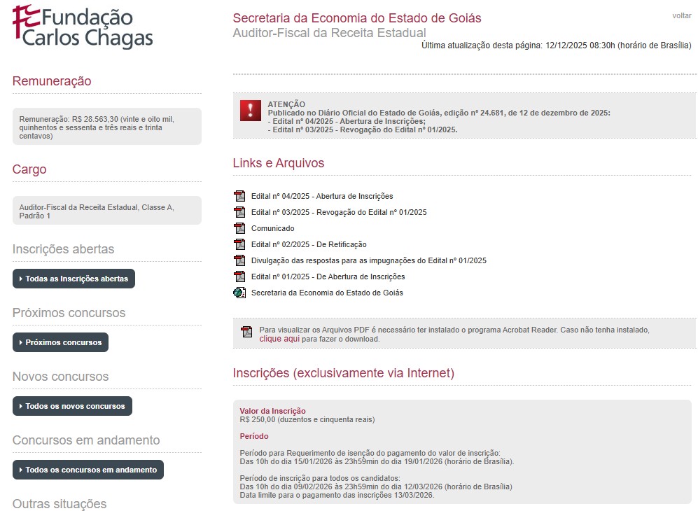 Quando começam as inscrições do concurso Sefaz GO 2025?