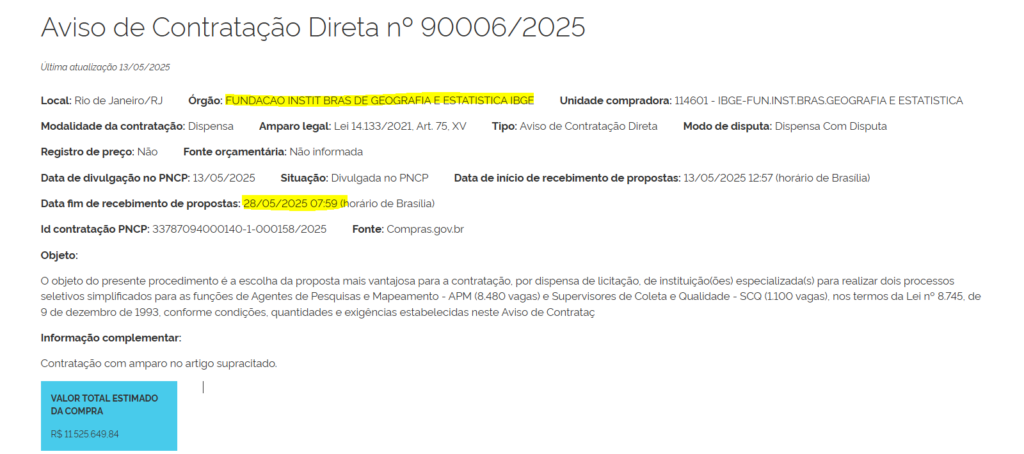 Aviso de contratação do PSS IBGE 2025