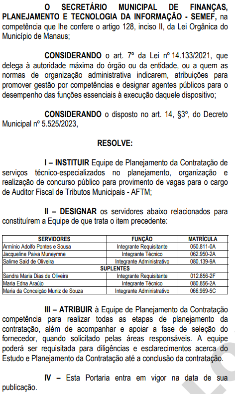 Concurso ISS Manaus: grupo formada para contratação da banca
