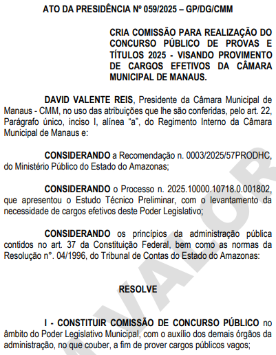 Comissão do concurso Câmara de Manaus