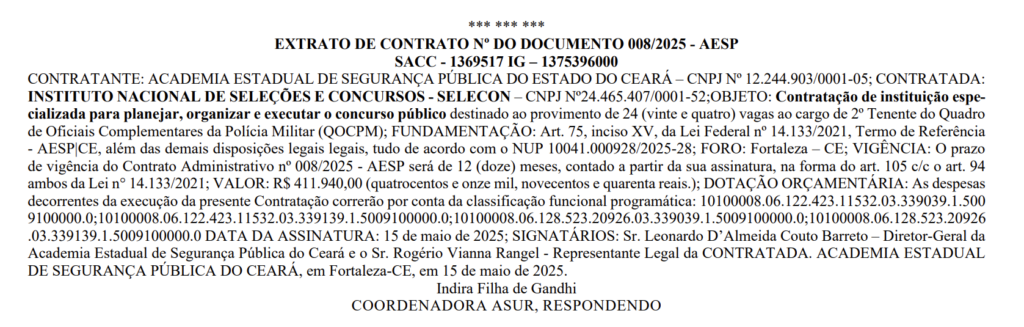 Extrato de contrato do novo concurso PM CE para Oficial