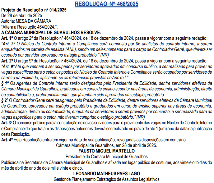 Criação de vagas para Analista de Controle Interno