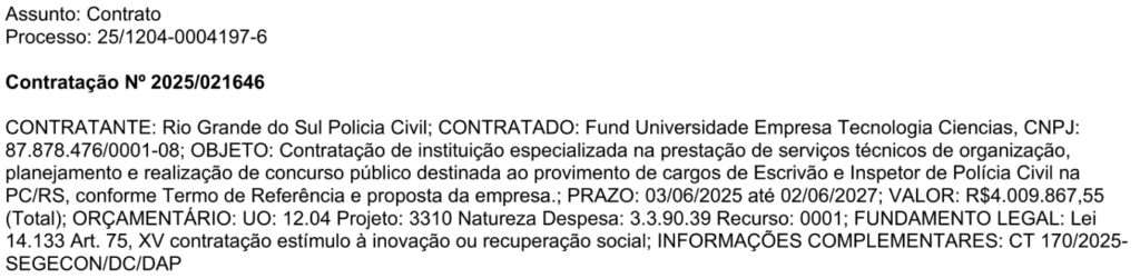 Fundatec é oficialmente contratada como banca do concurso PC RS