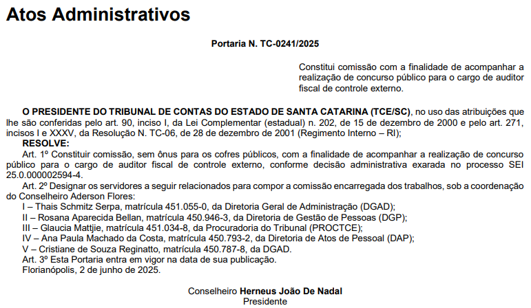 Quadro de informações sobre o Concurso TCE SC que está com comissão formada para edital com 20 vagas.