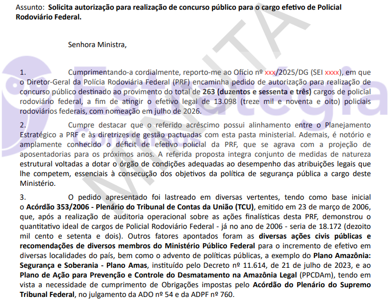Pedido de concurso PRF para 263 vagas de Policial Rodoviário