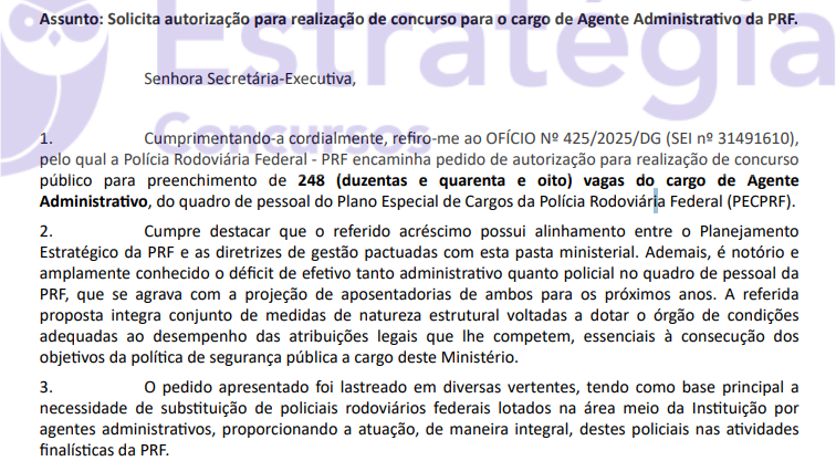 Pedido de concurso PRF para 248 vagas de Policial Rodoviário.